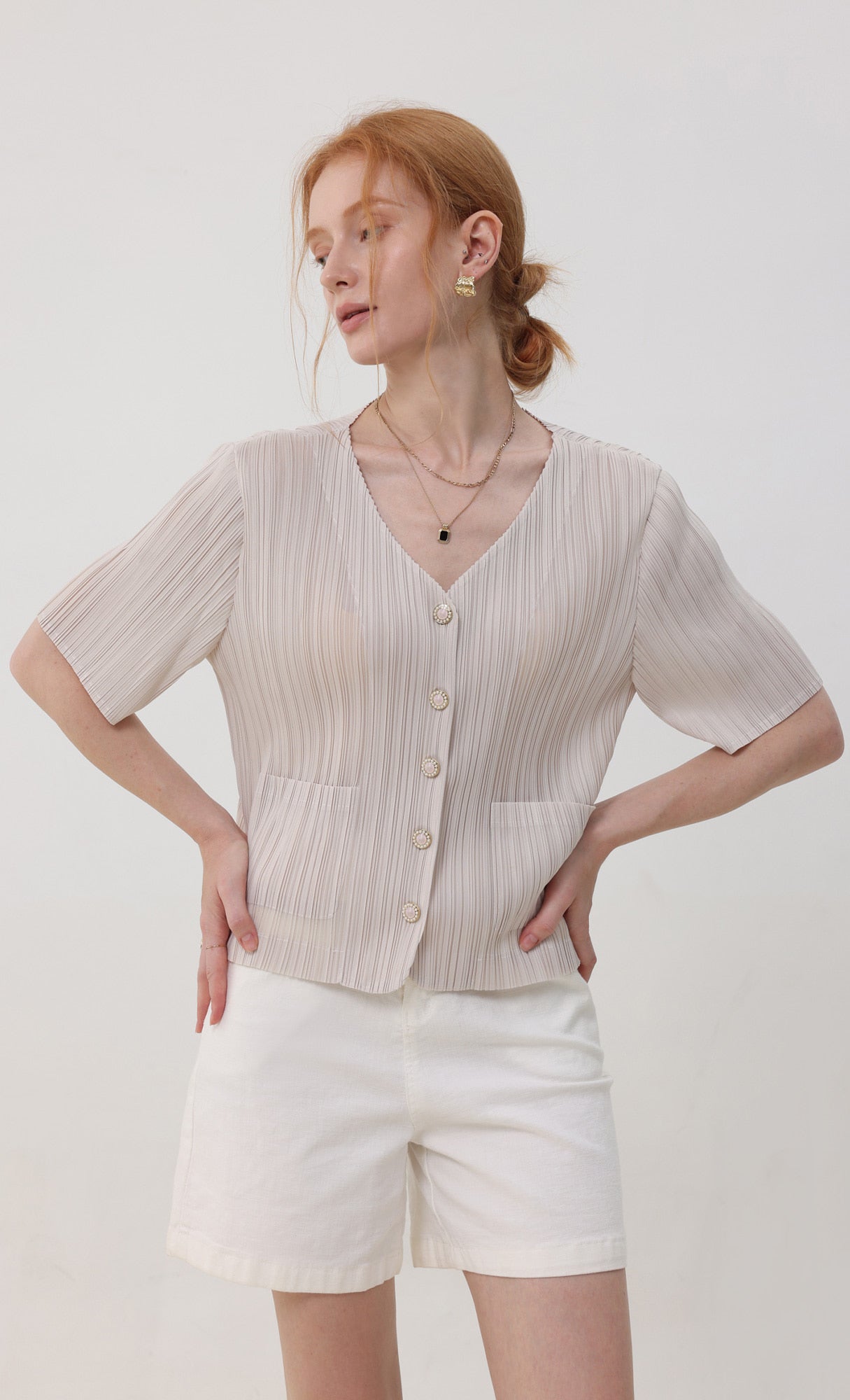 Pleatsmood Button Pleats Short-sleeve Top Lightbeige