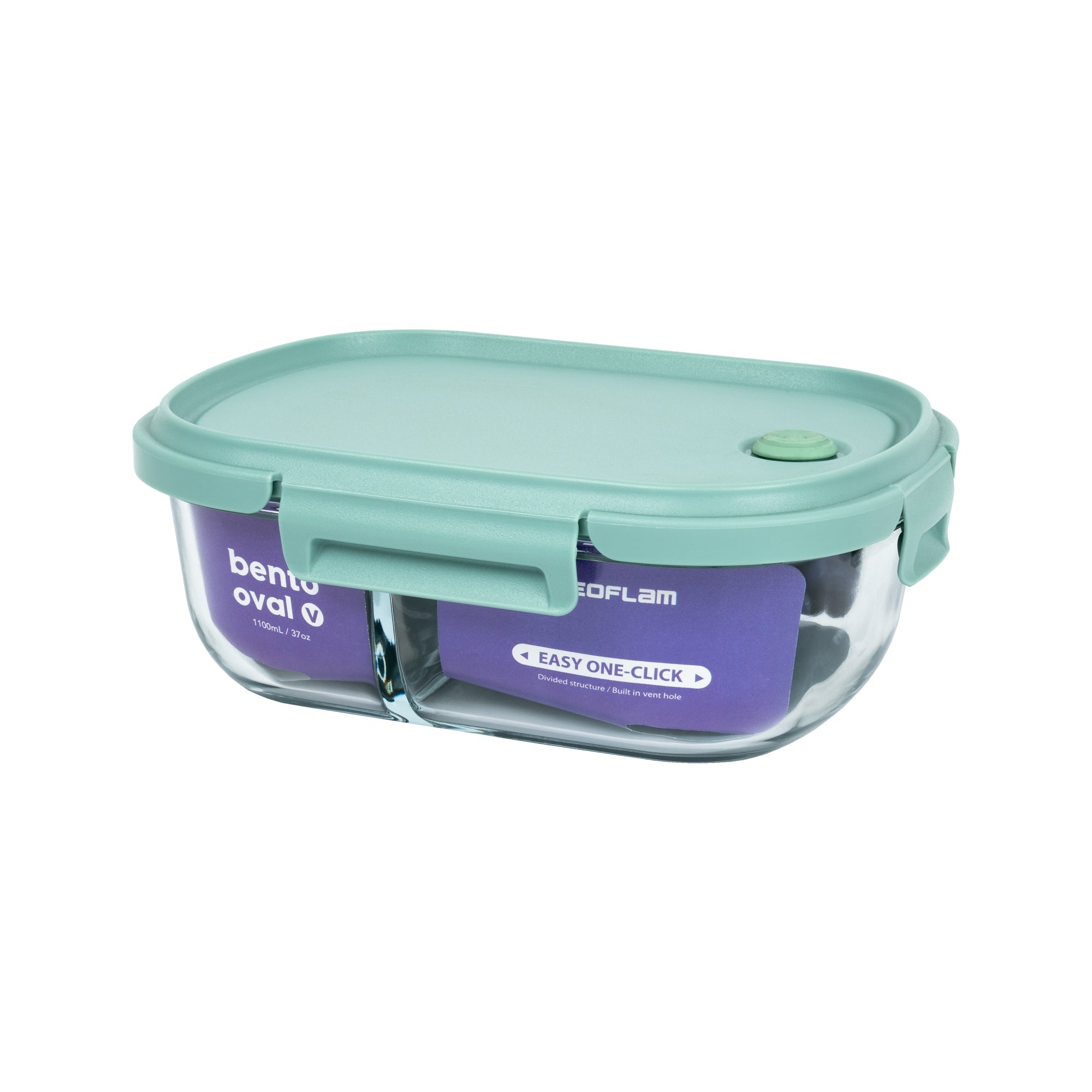 Oval Bento Glass 37oz Food Storage with Divider - Blue Lid, Vent