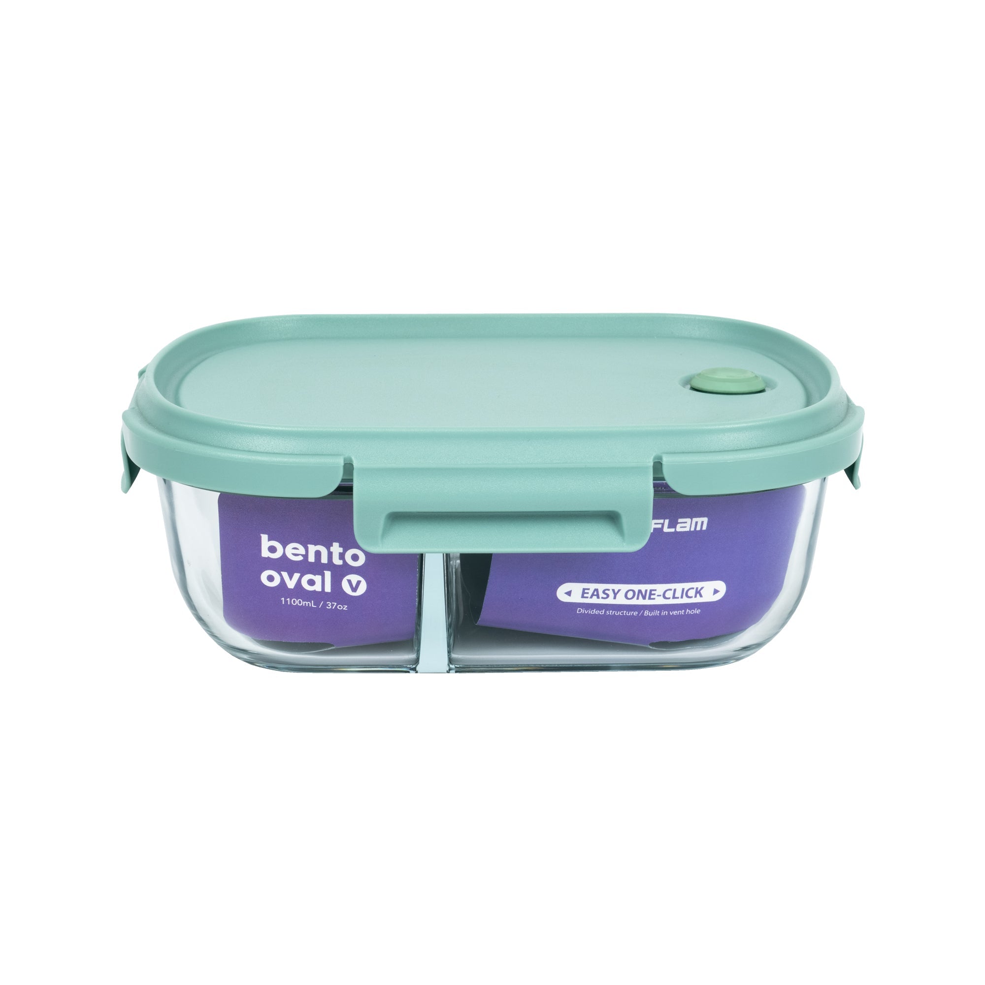 Oval Bento Glass 37oz Food Storage with Divider - Blue Lid, Vent