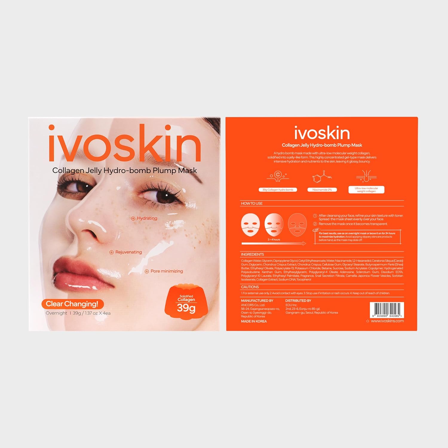 Ivoskin Collagen Jelly Hydro-Bomb Plump Mask – 4-Pack Hydrating & Firming Face Masks with 670,000 ppm Collagen