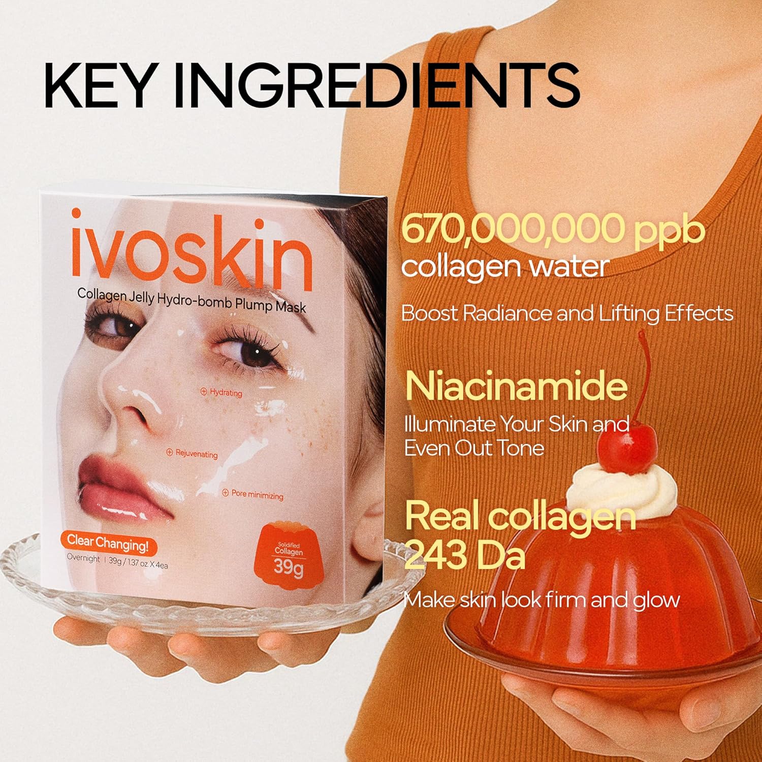 Ivoskin Collagen Jelly Hydro-Bomb Plump Mask – 4-Pack Hydrating & Firming Face Masks with 670,000 ppm Collagen
