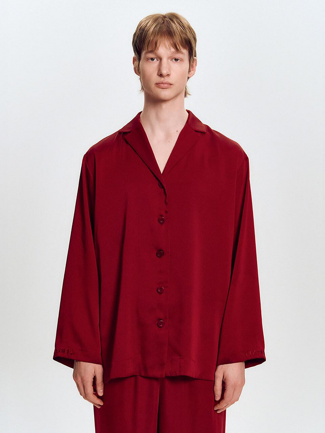 GOGORR Satin Silky Open Shirt Top [Burgundy]