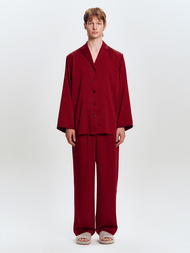 GOGORR Satin Silky Open Shirt Top [Burgundy]