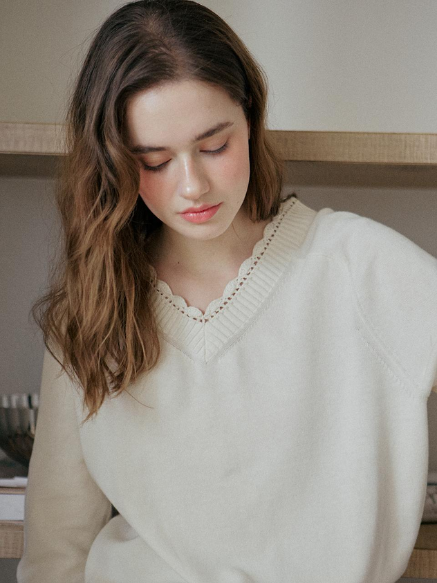 YUPPE Lace V Neck Cotton Cashmere Knit [Beige]