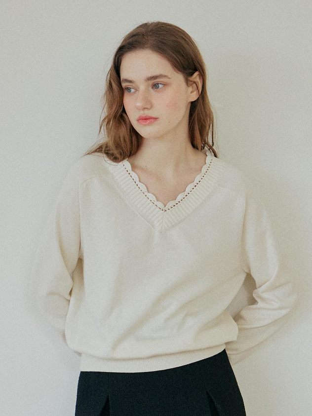 YUPPE Lace V Neck Cotton Cashmere Knit [Beige]