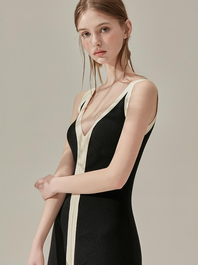 VIKINIVENDER LAHENNE Knit Color Block Long Dress