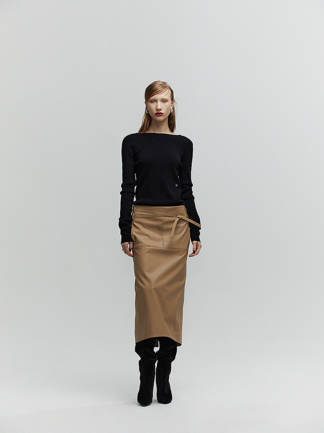 L’H.A.S High-Rised Faux Leather Midi Skirt - Beige