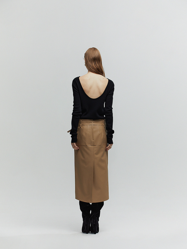 L’H.A.S High-Rised Faux Leather Midi Skirt - Beige