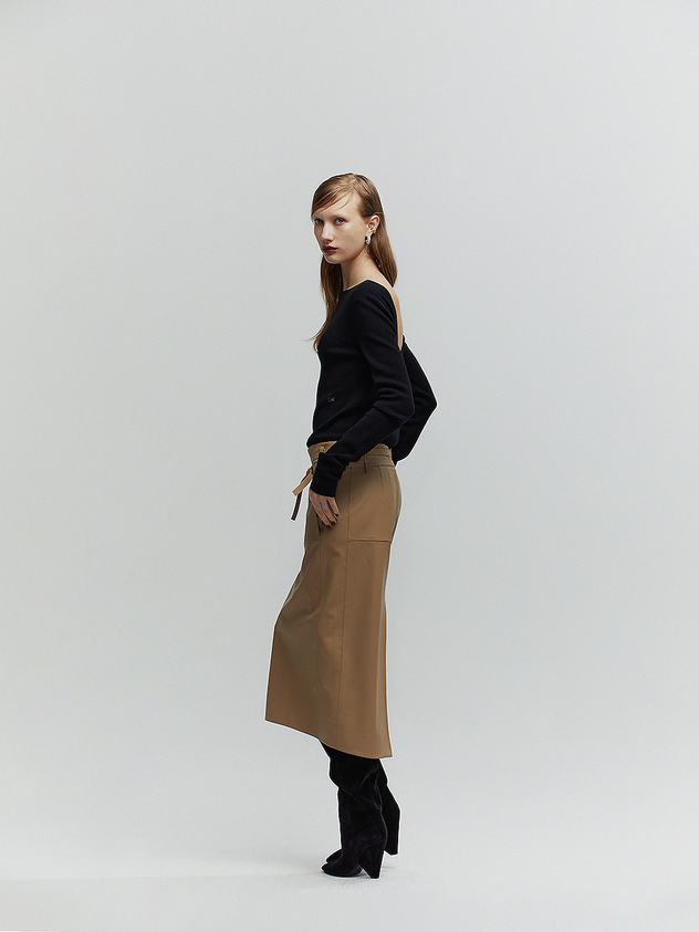 L’H.A.S High-Rised Faux Leather Midi Skirt - Beige