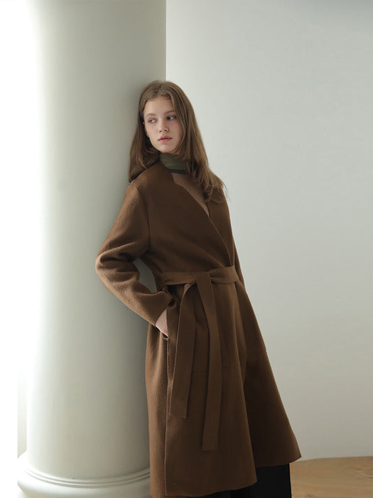 [Cahisenne] Slim-fit no-collar team wool embroidery stitch coat_khaki brown_FW2025