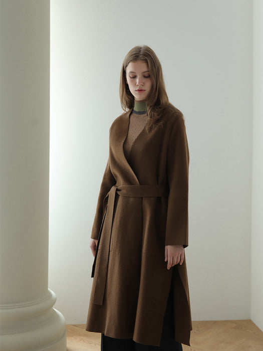 [Cahisenne] Slim-fit no-collar team wool embroidery stitch coat_khaki brown_FW2025