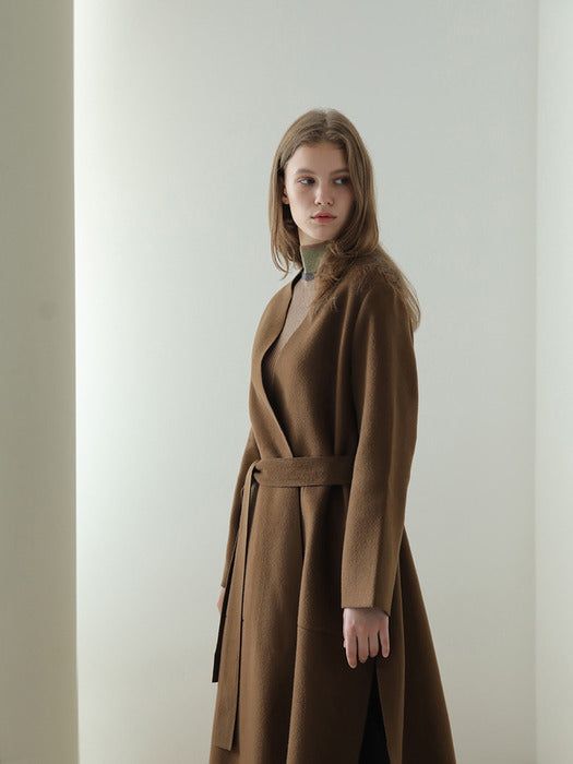 [Cahisenne] Slim-fit no-collar team wool embroidery stitch coat_khaki brown_FW2025