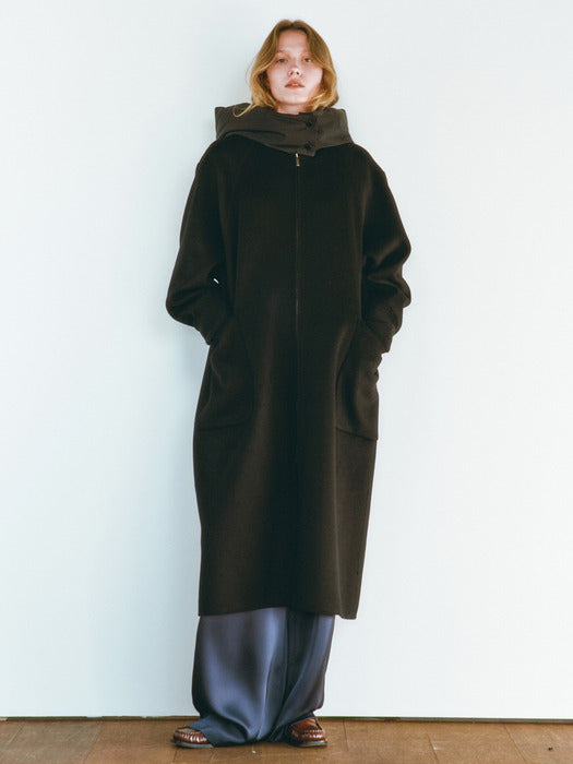 [HACIE] HANDMADE GOOSE DOWN HOODED COAT [MELANGE GREY][BLACK]_FW2025