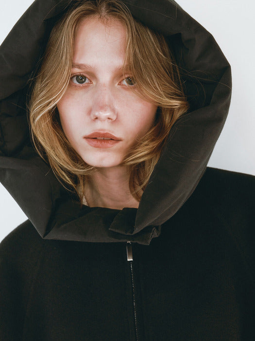 [HACIE] HANDMADE GOOSE DOWN HOODED COAT [MELANGE GREY][BLACK]_FW2025