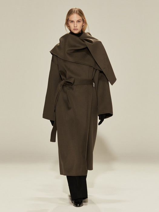 [RIDIFI] Belted 100% wool draped shawl collar coat (khaki)_FW2025