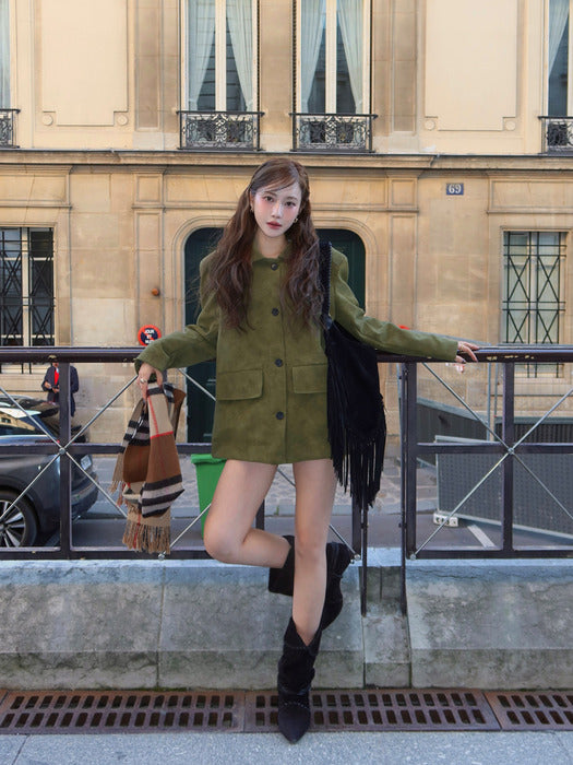 [Querido] Matt Vintage Leather suede classic Jacket olive Khaki_FW2025