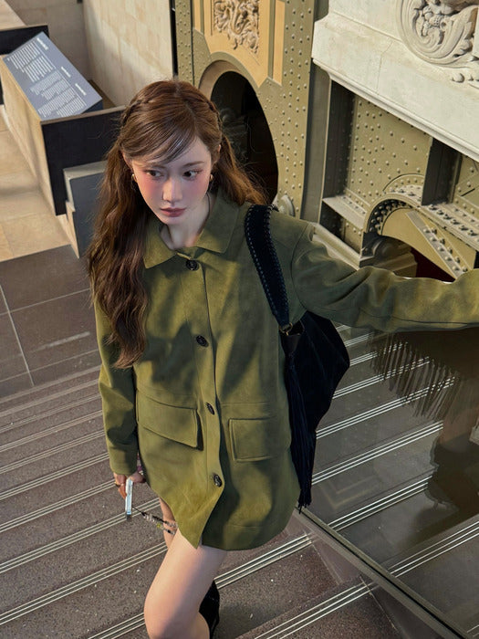 [Querido] Matt Vintage Leather suede classic Jacket olive Khaki_FW2025