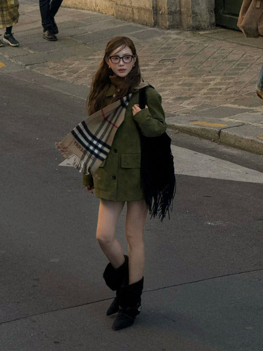 [Querido] Matt Vintage Leather suede classic Jacket olive Khaki_FW2025