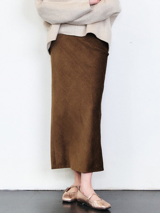 [HACIE] VINTAGE SILK LIKE CODUROY LONG SKIRT [BROWN][BLACK]_FW2025