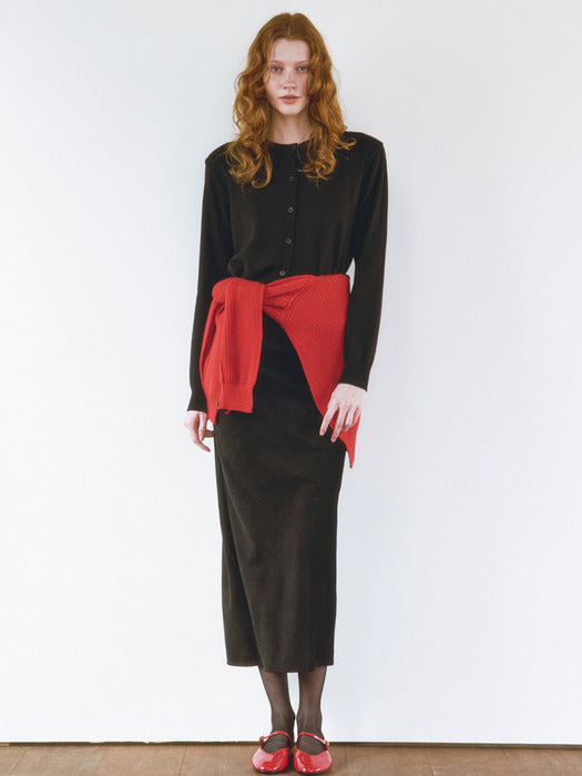 [HACIE] VINTAGE SILK LIKE CODUROY LONG SKIRT [BROWN][BLACK]_FW2025