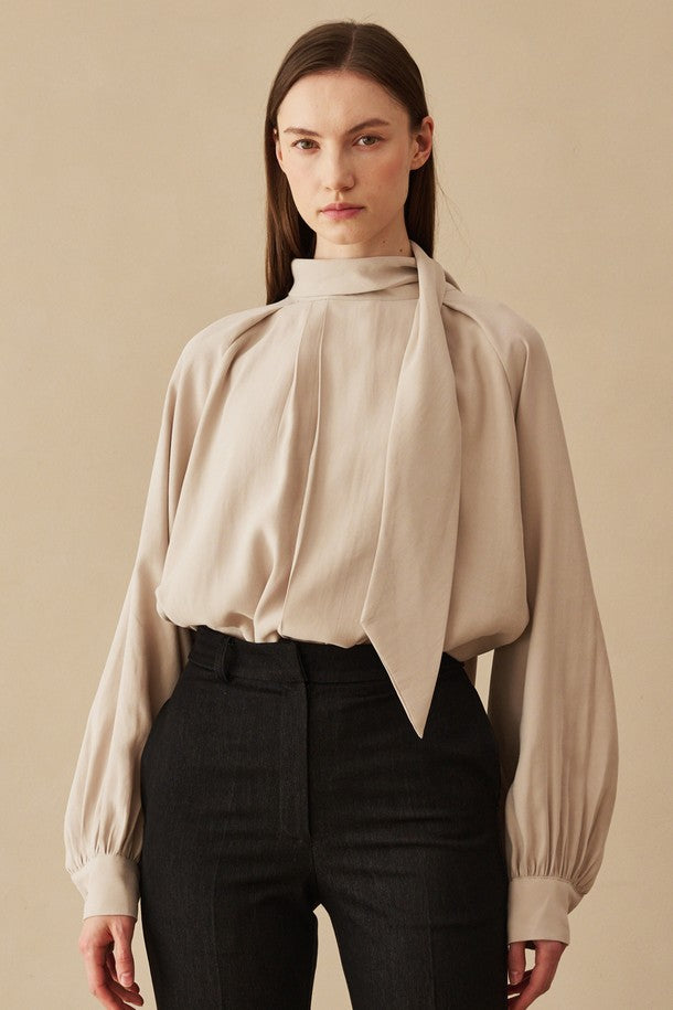 Nuve Two Tuck Scarf Blouse - Beige_FW2025