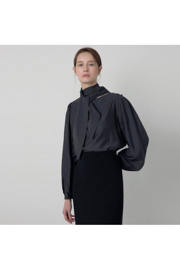 Moment Le Sore Scarf Long Sleeve Blouse Charcoal_FW2025