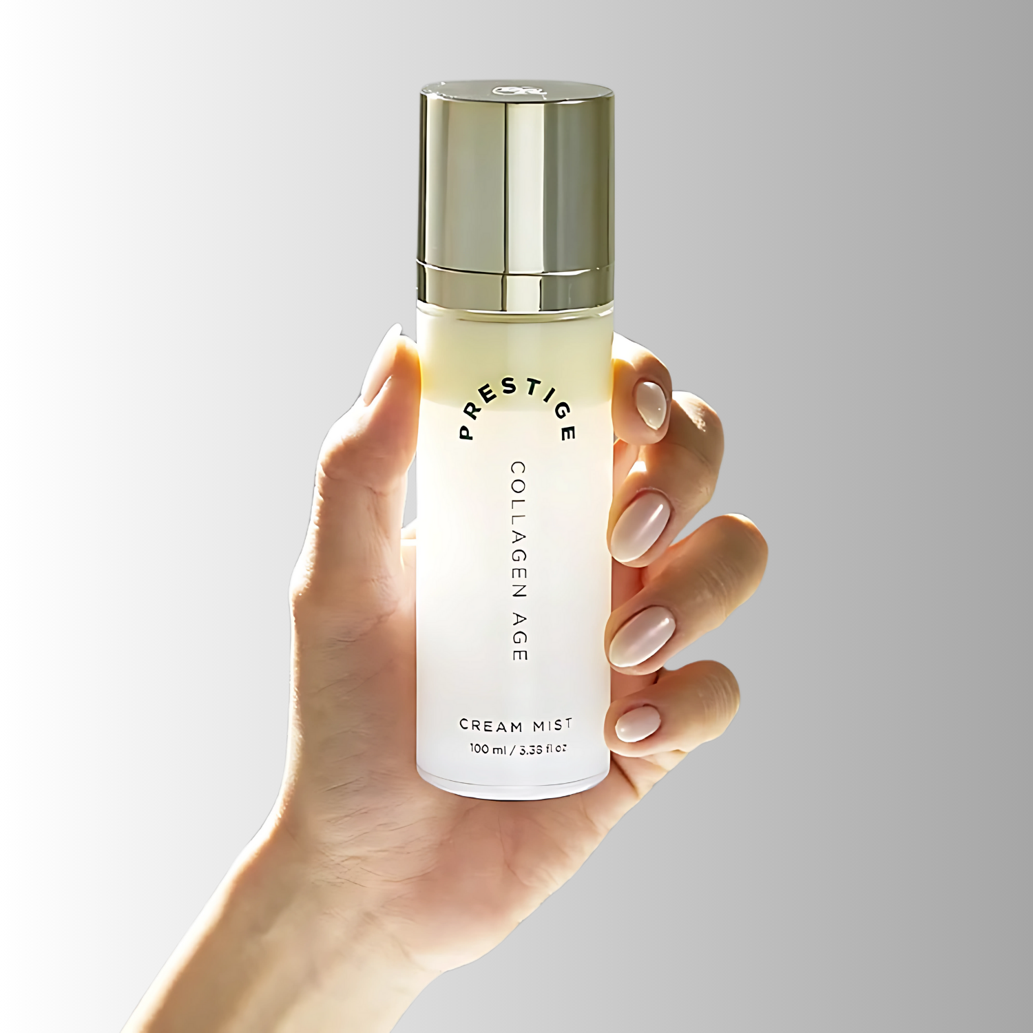 Model_holding_in_Hand_VELY_VELY_Blibli_Prestige_Collagen_Age_Cream_Mist_bottle_Lying_on_mirror KBEAUTY X