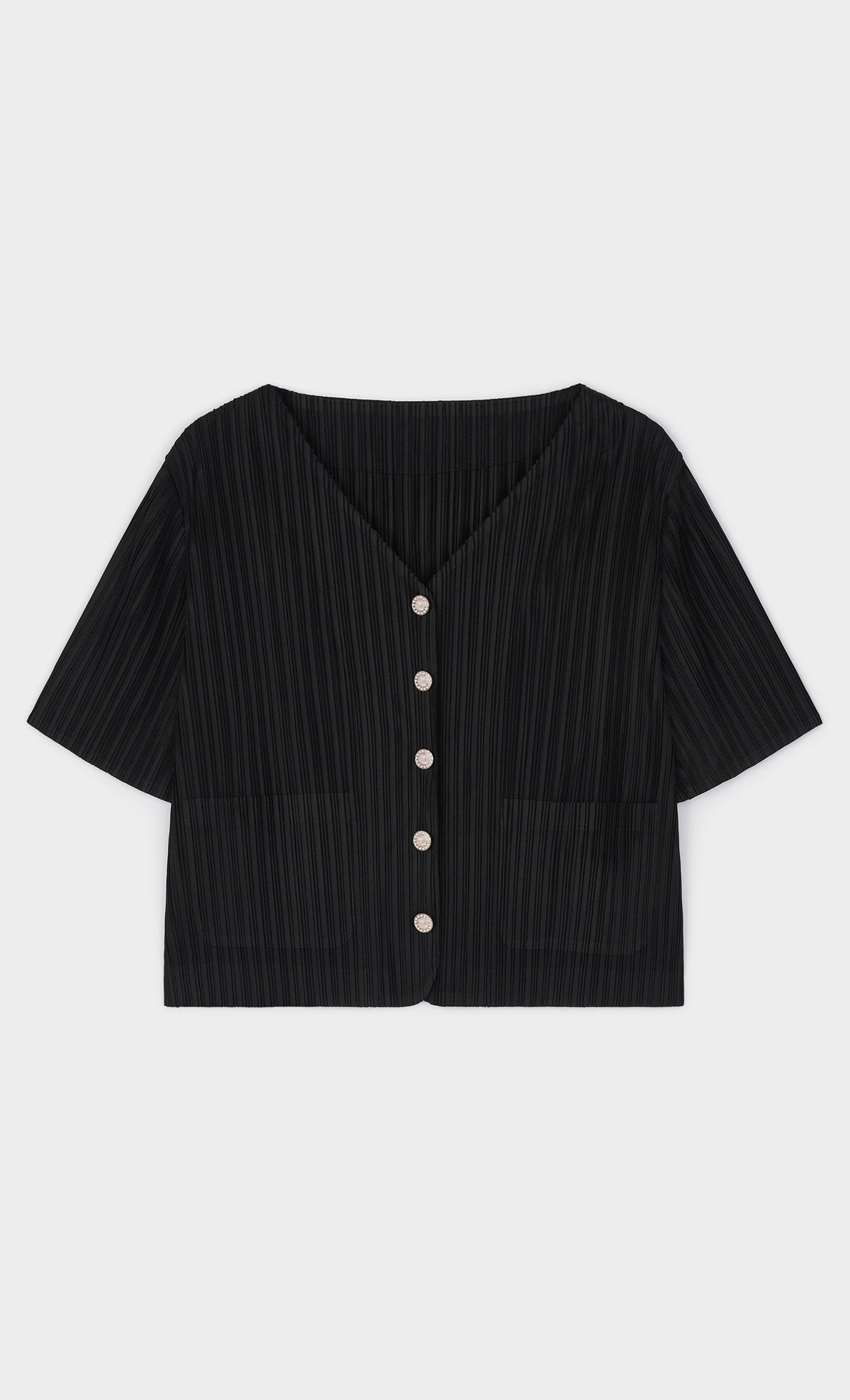 Pleatsmood Button Pleats Short-sleeve Top Black