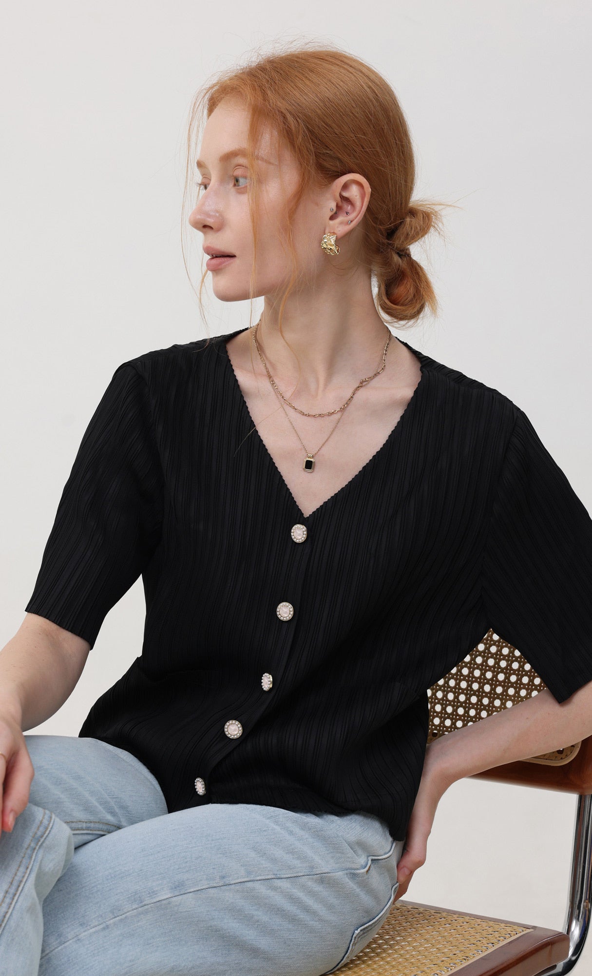 Pleatsmood Button Pleats Short-sleeve Top Black