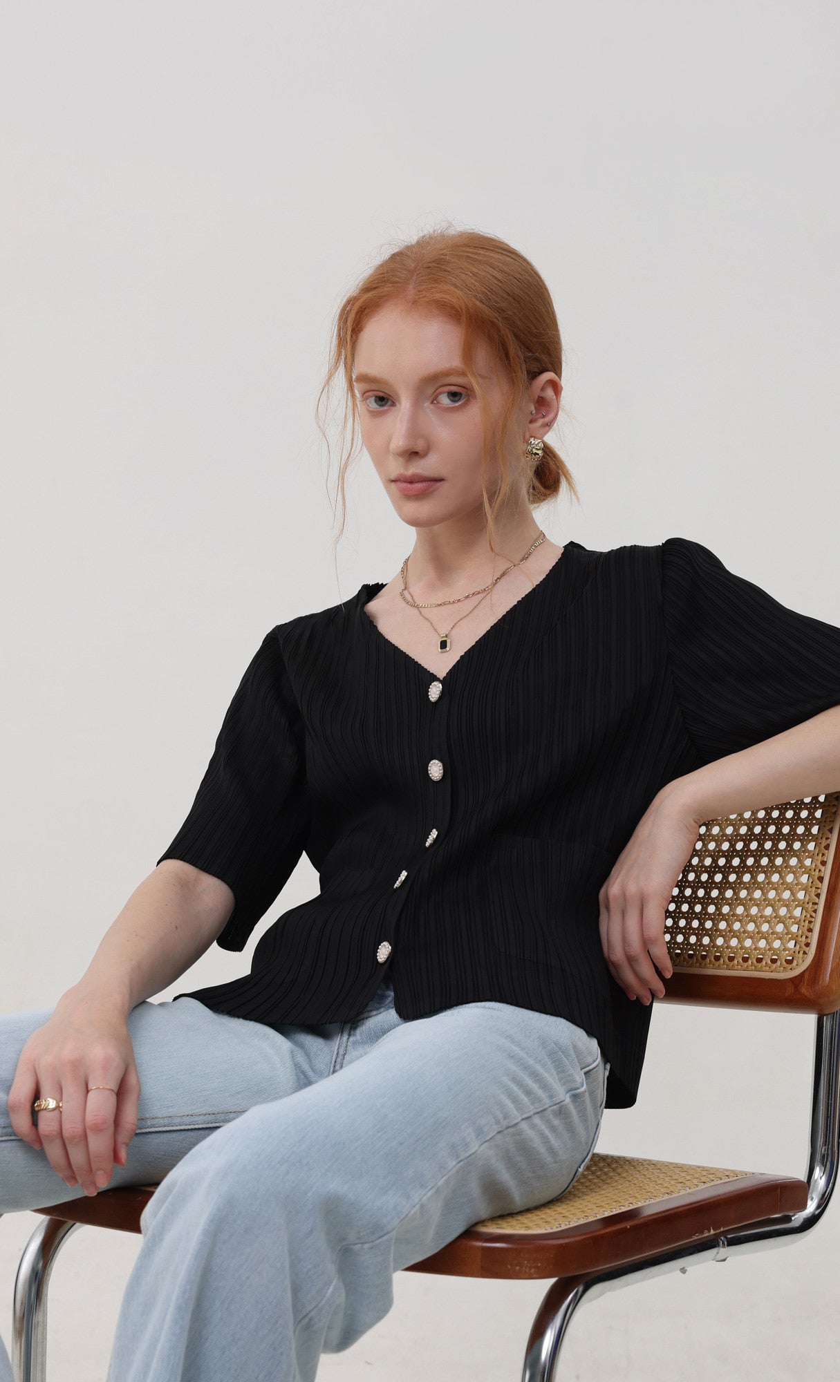 Pleatsmood Button Pleats Short-sleeve Top Black