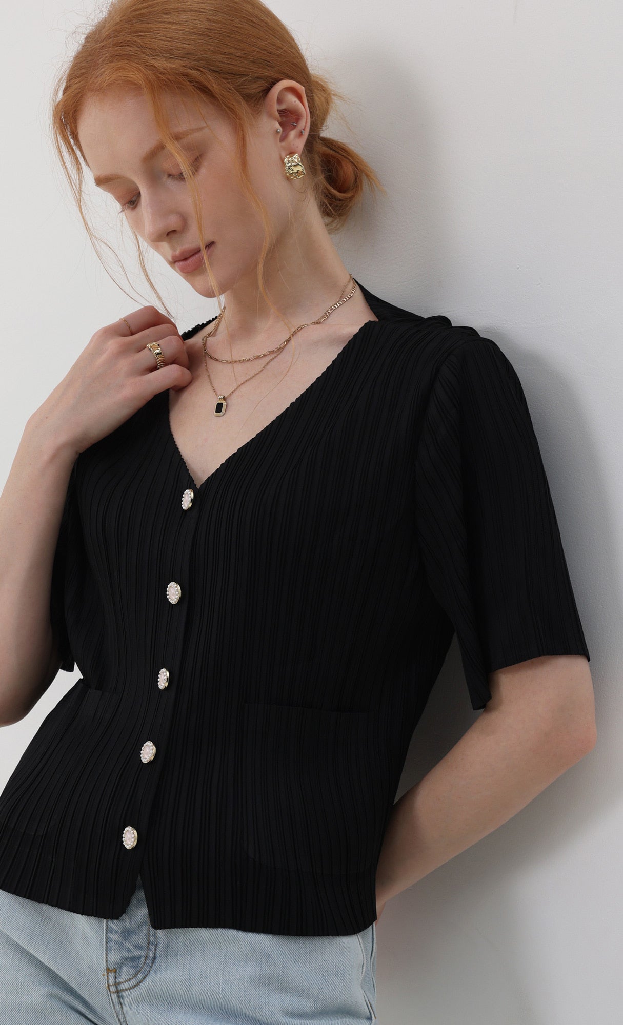 Pleatsmood Button Pleats Short-sleeve Top Black