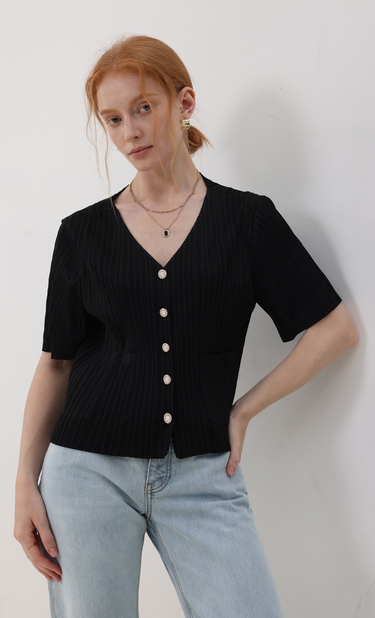 Pleatsmood Button Pleats Short-sleeve Top Black
