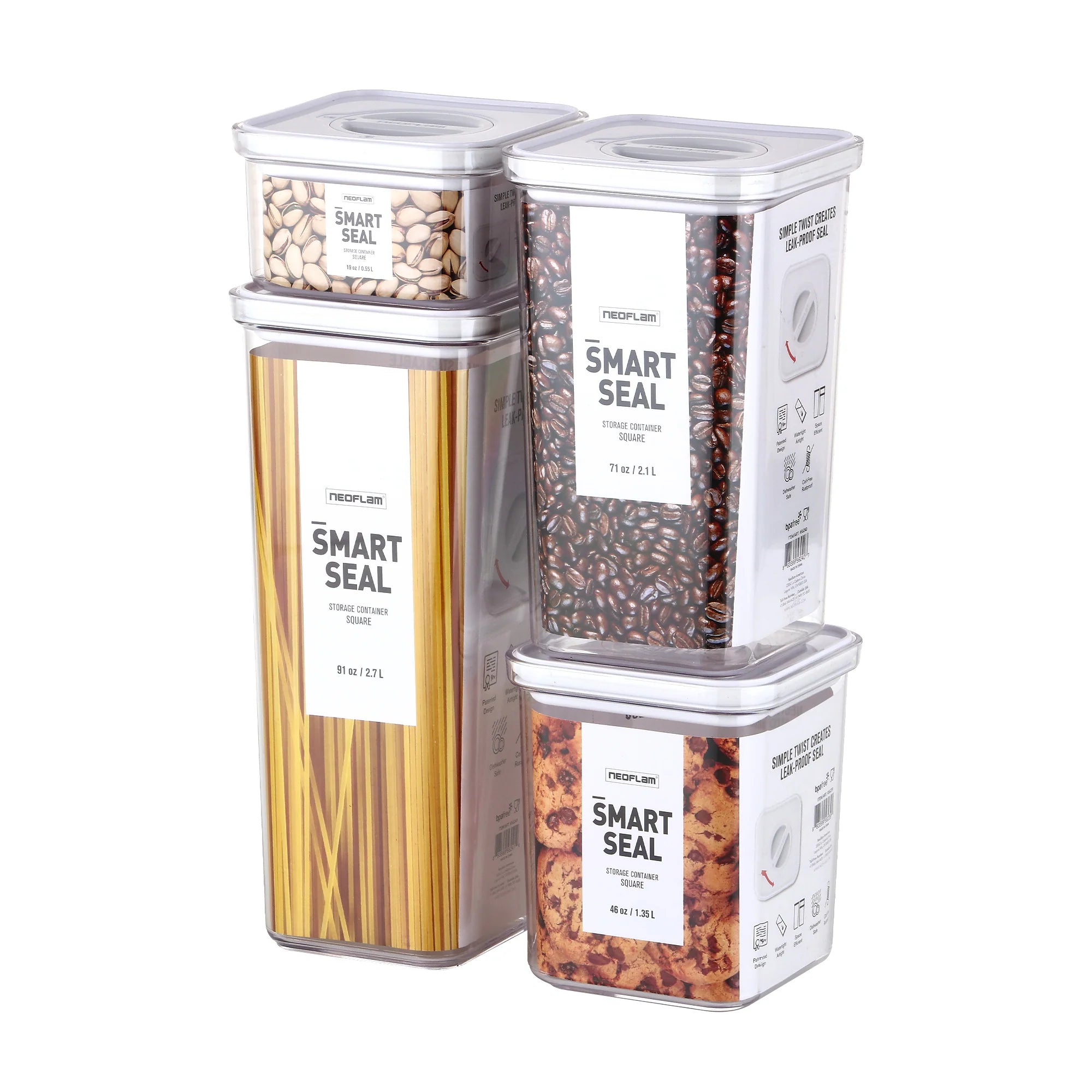 Smart Seal Food Storage, Rectangular, 4PCs Set, Glossy White Lid
