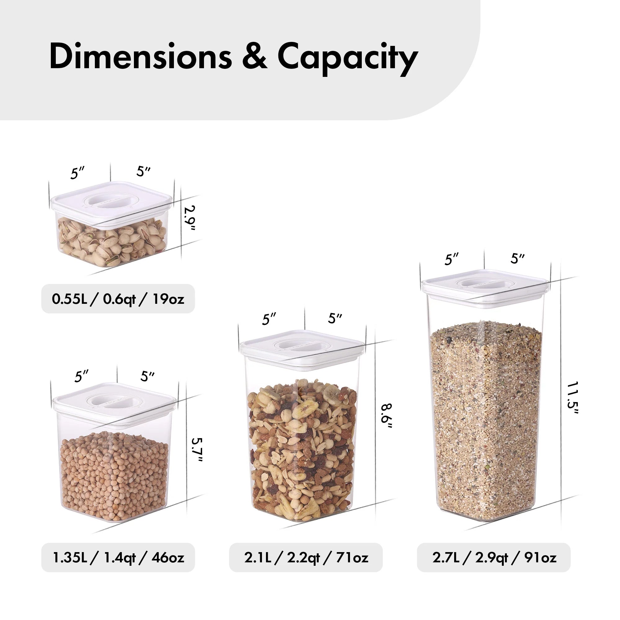 Smart Seal Food Storage, Square, 6PCs Set, Glossy White Lid