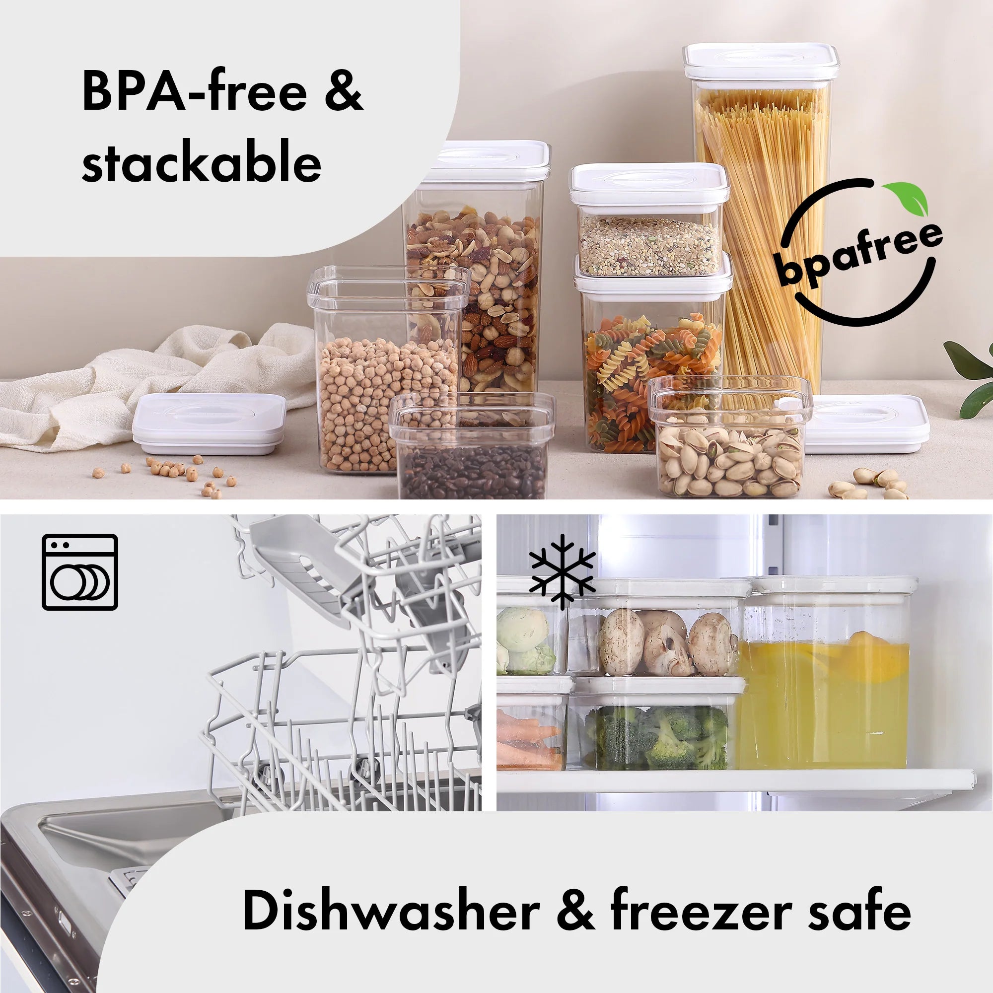 Smart Seal Food Storage, Square, 6PCs Set, Glossy White Lid