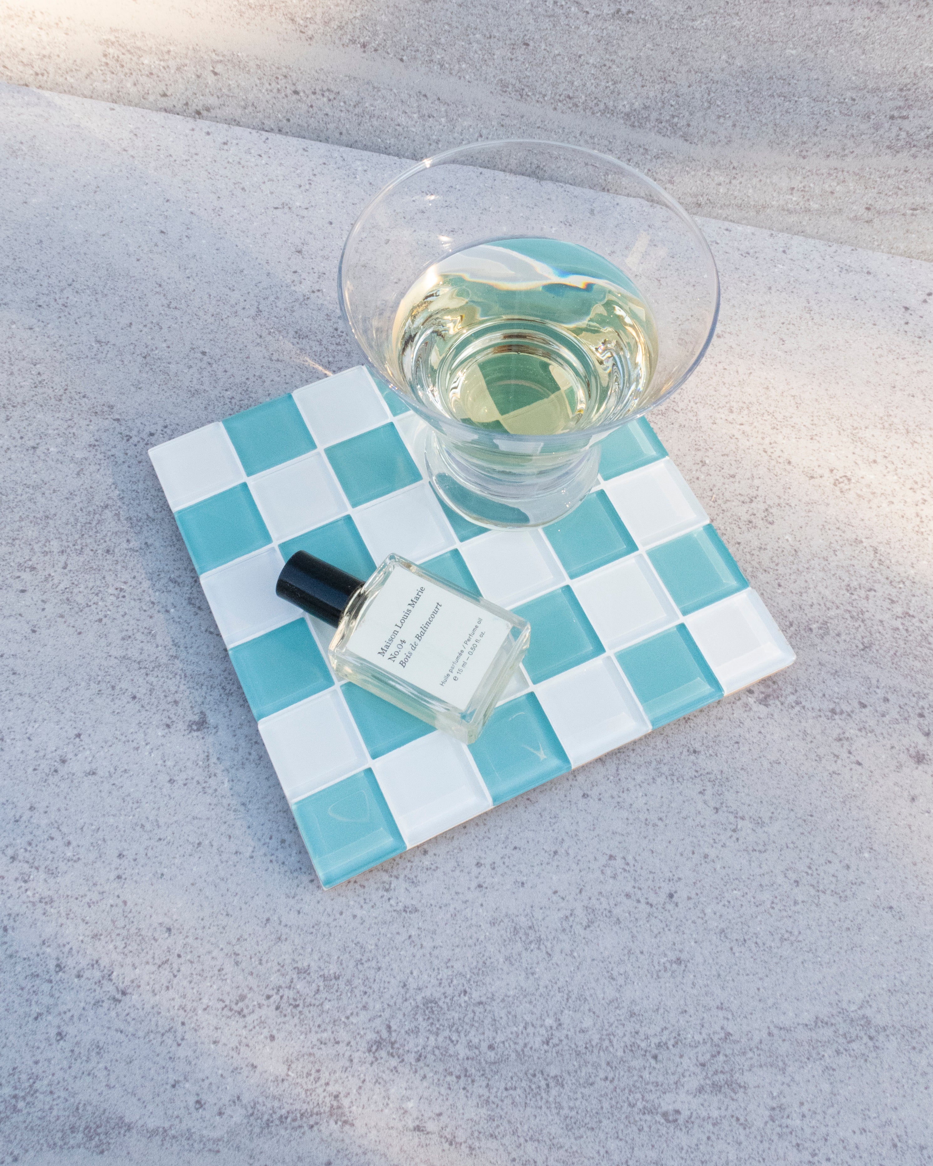 GLASS TILE DECORATIVE TRAY - Teal & White Checkered