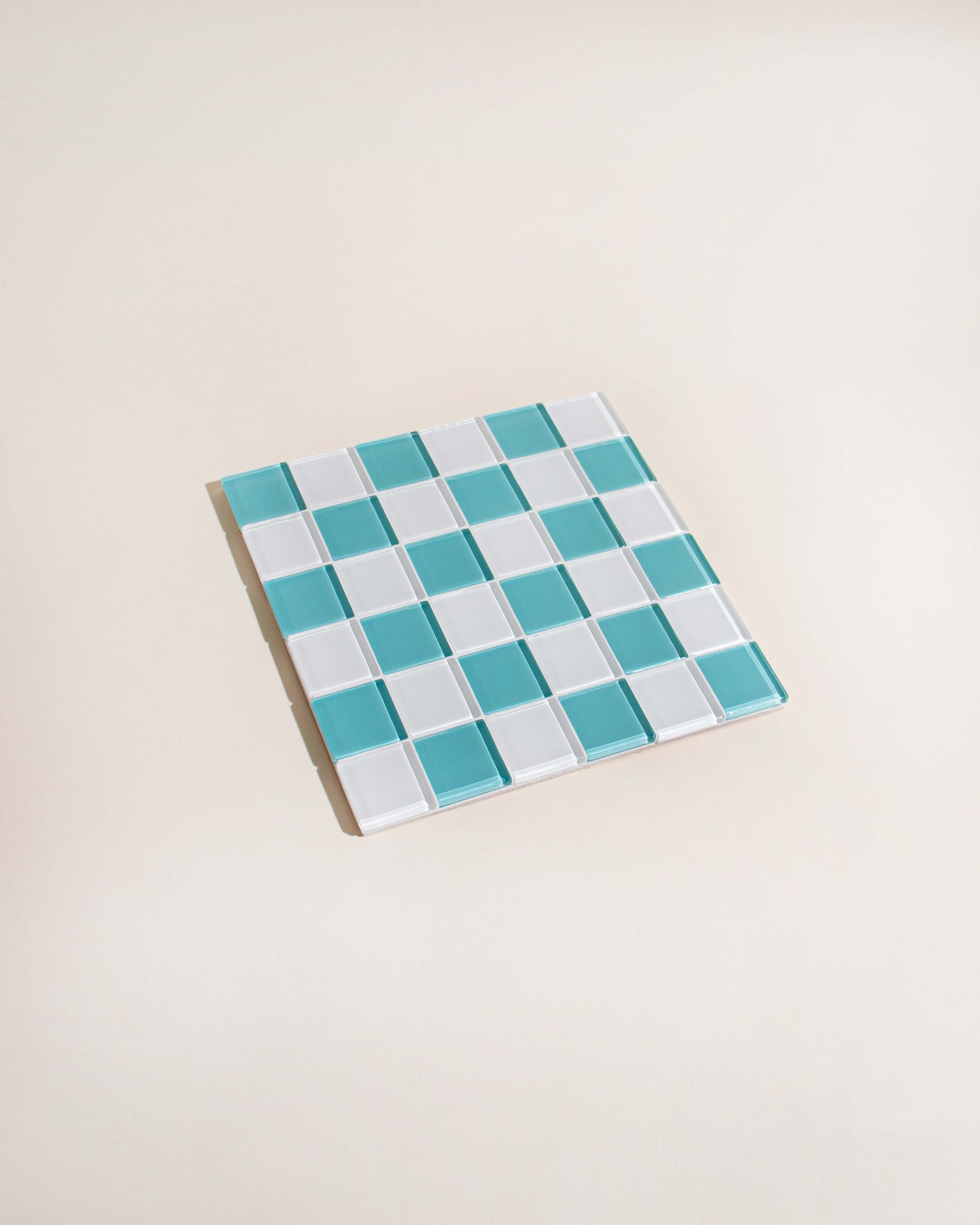 GLASS TILE DECORATIVE TRAY - Teal & White Checkered