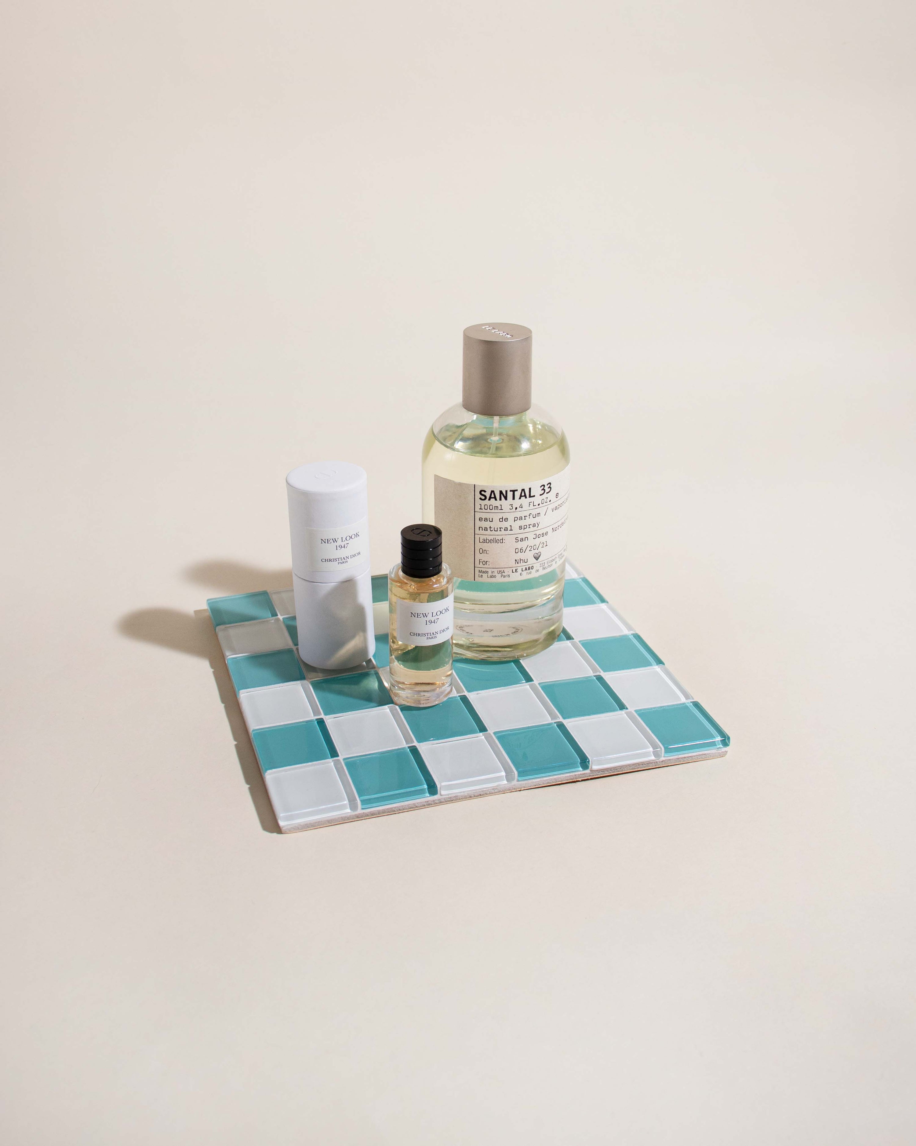 GLASS TILE DECORATIVE TRAY - Teal & White Checkered