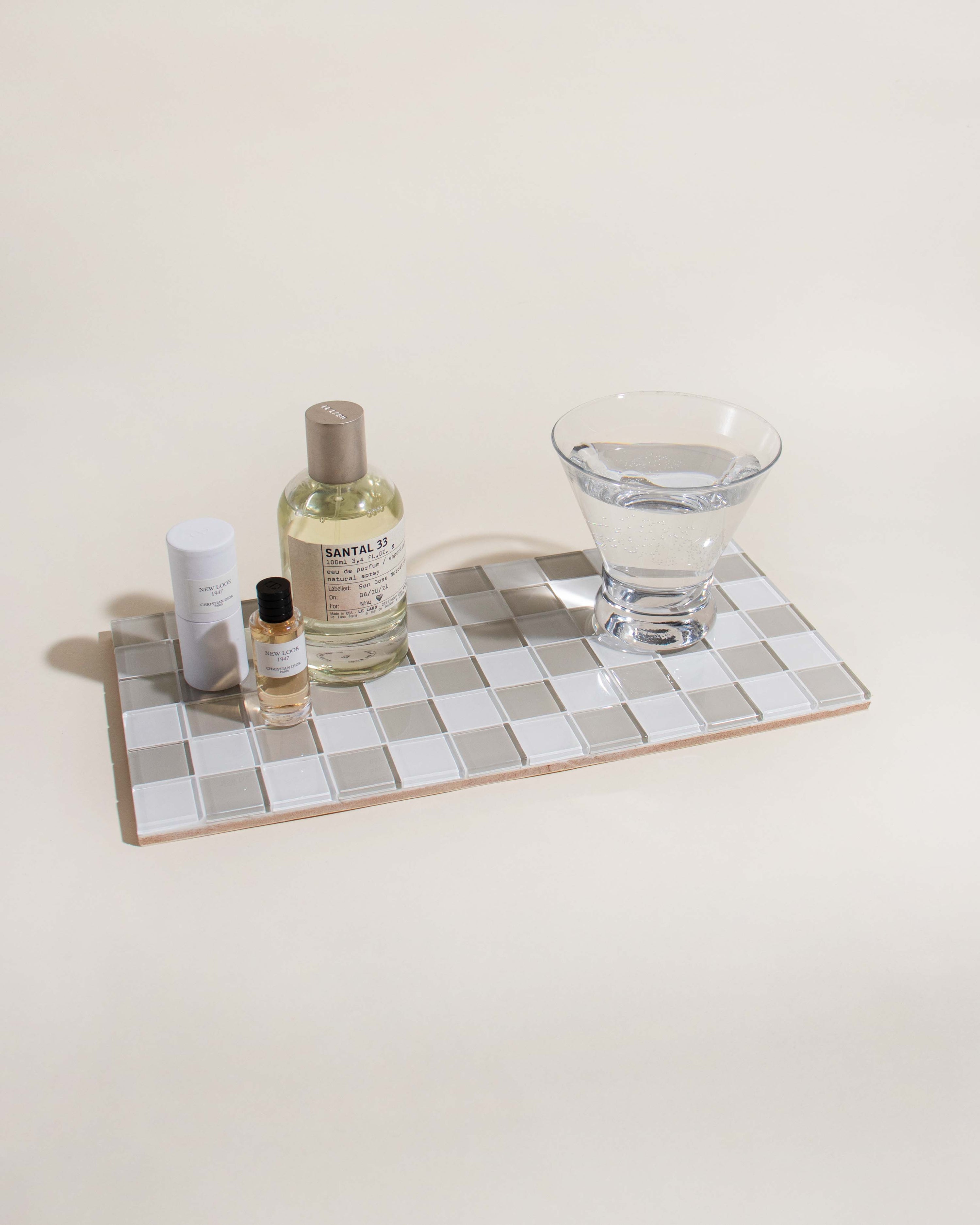 GLASS TILE DECORATIVE TRAY - Beige & White Checkered