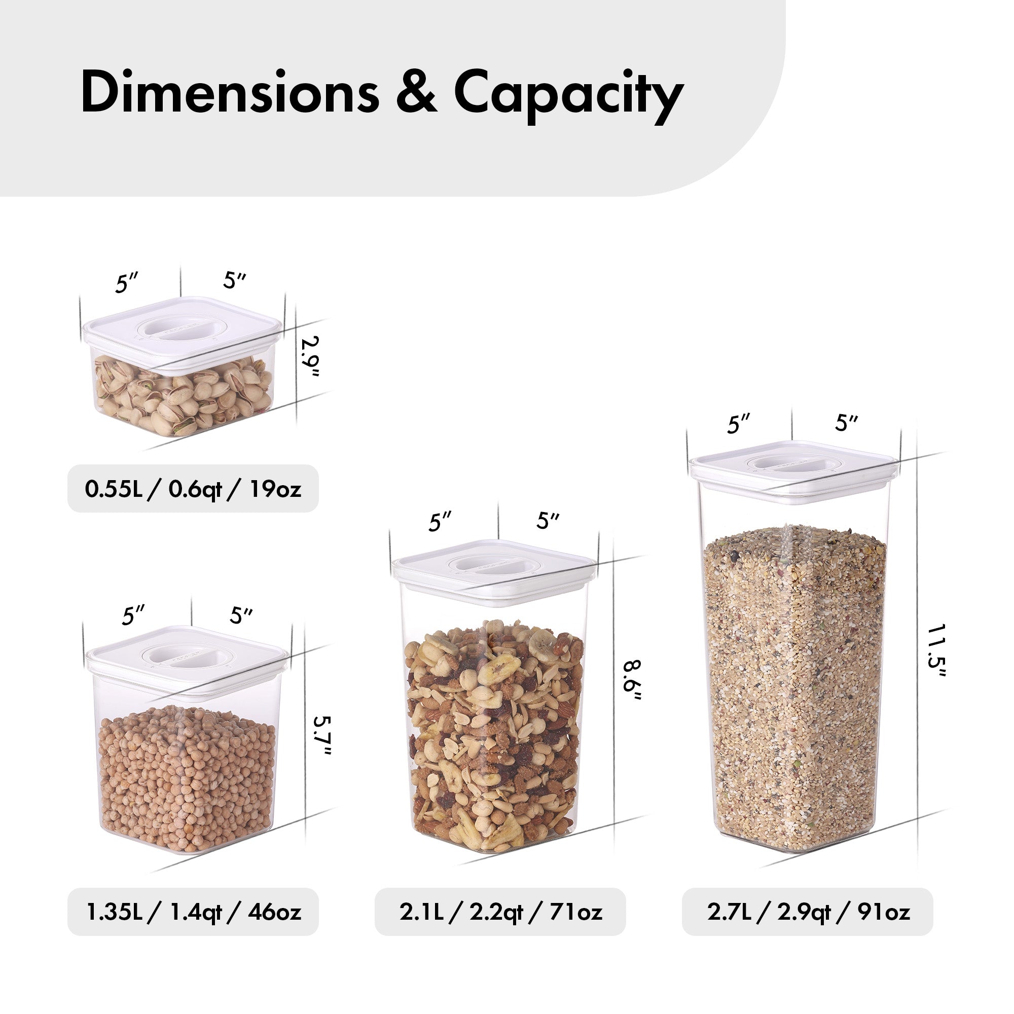 Smart Seal Food Storage, Square, 6PCs Set, Glossy White Lid