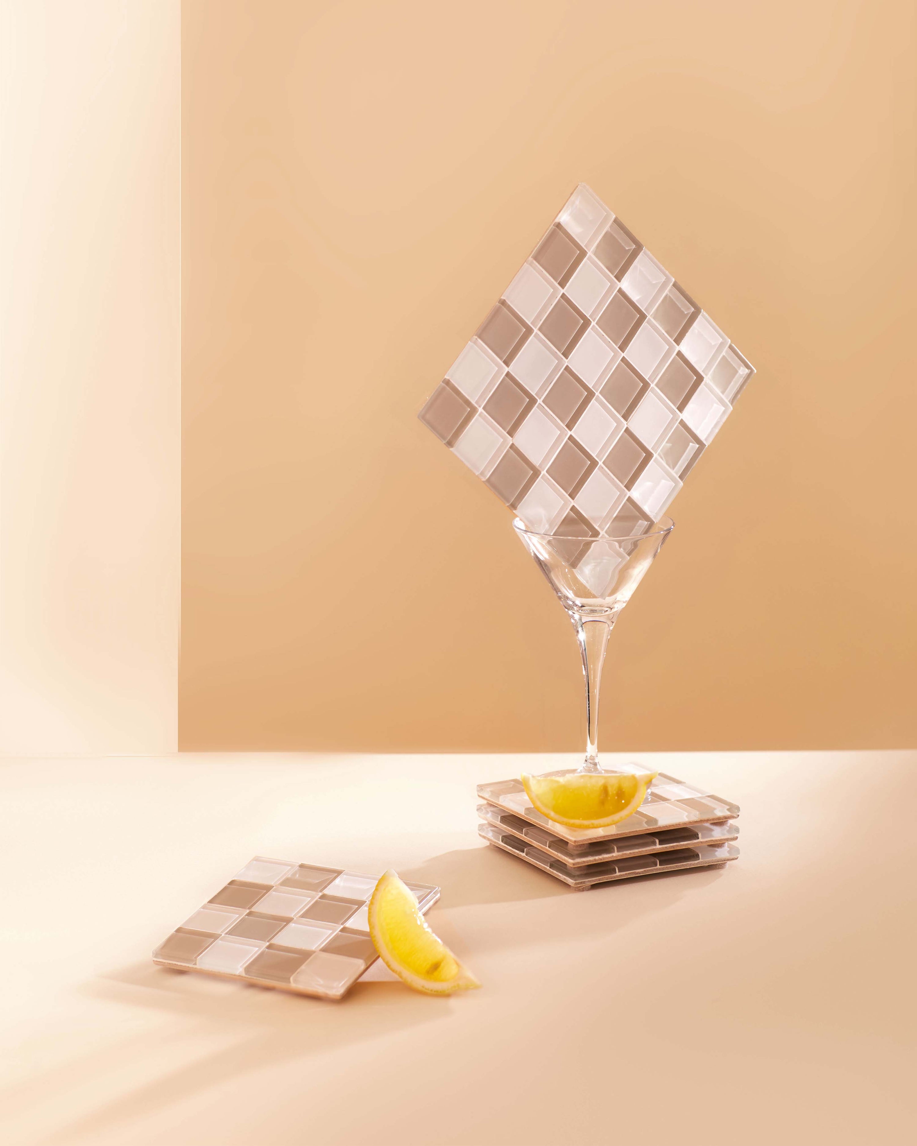 GLASS TILE DECORATIVE TRAY - Beige & White Checkered