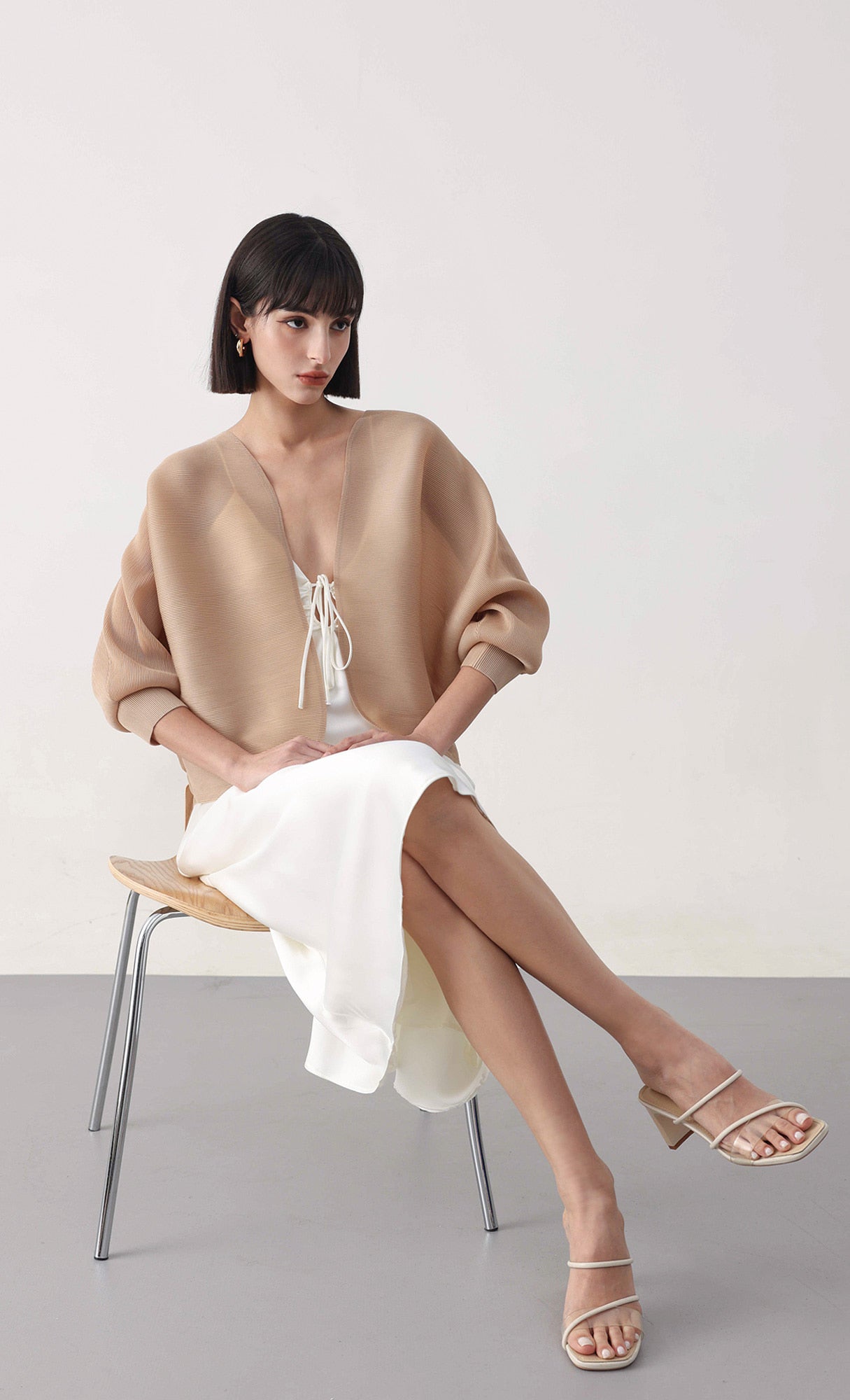 Pleatsmood Ainy Pleats Cardigan Jacket Beige