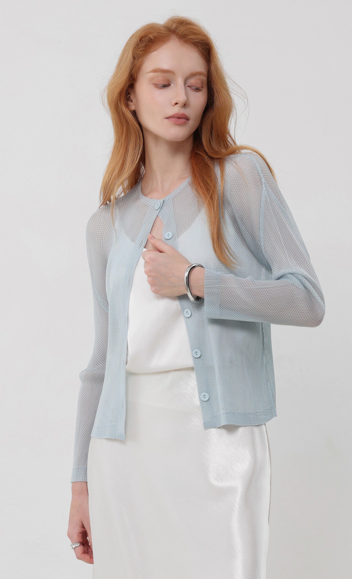 Pleatsmood Sheer Pleats Cardigan Skyblue