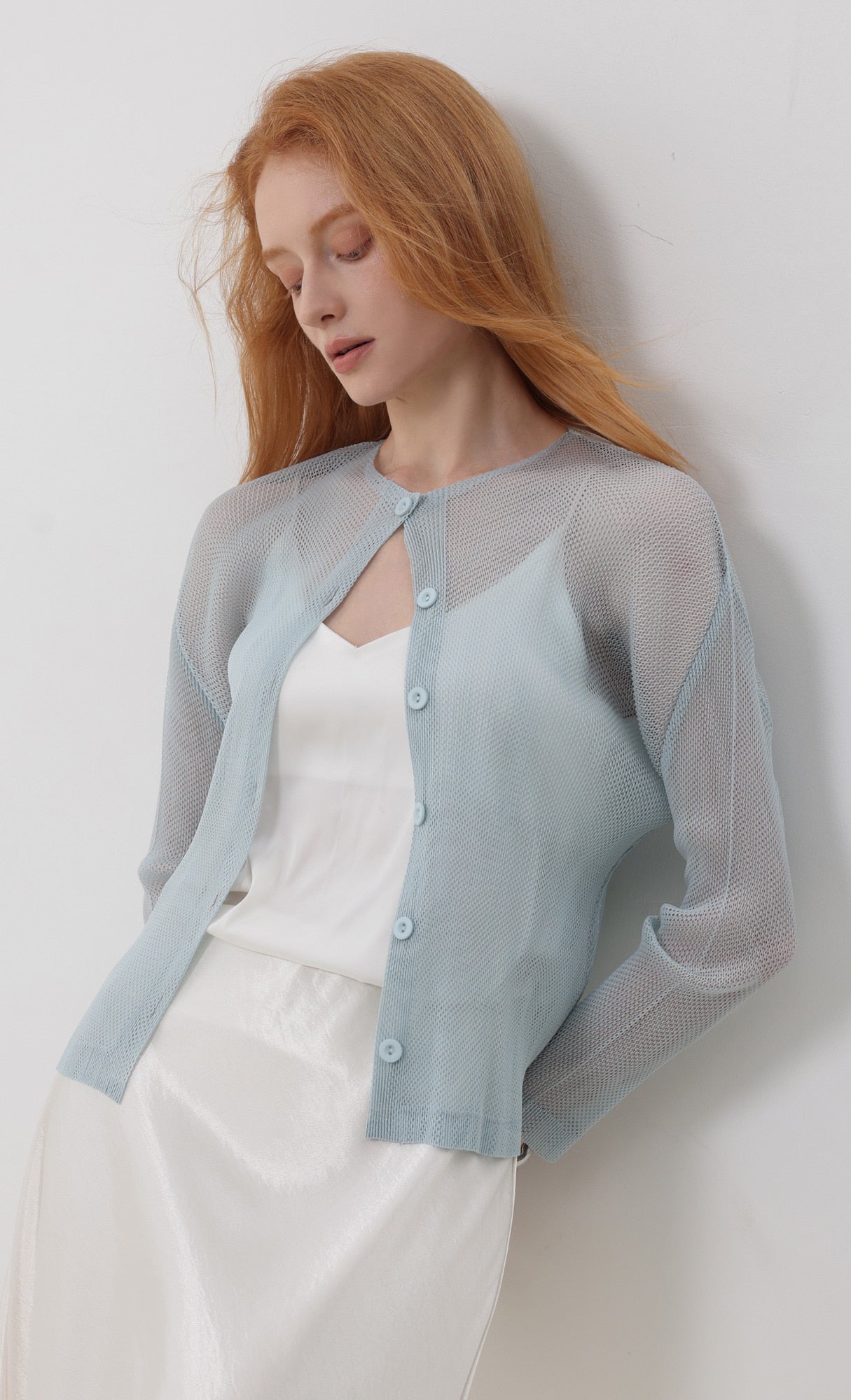 Pleatsmood Sheer Pleats Cardigan Skyblue