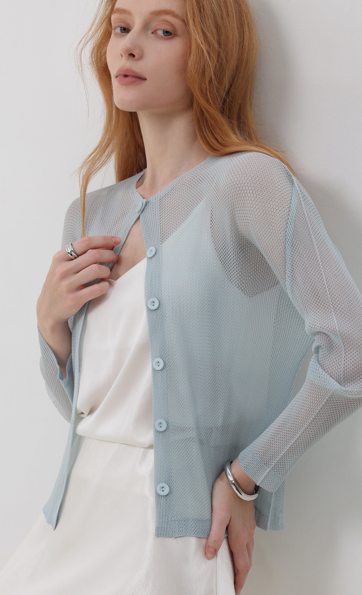 Pleatsmood Sheer Pleats Cardigan Skyblue