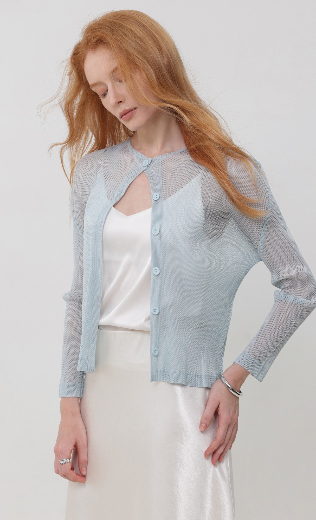 Pleatsmood Sheer Pleats Cardigan Skyblue