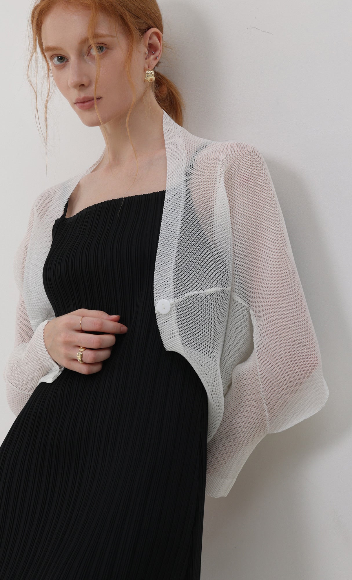 Pleatsmood Lucid Pleats Mesh Cardigan Ivory