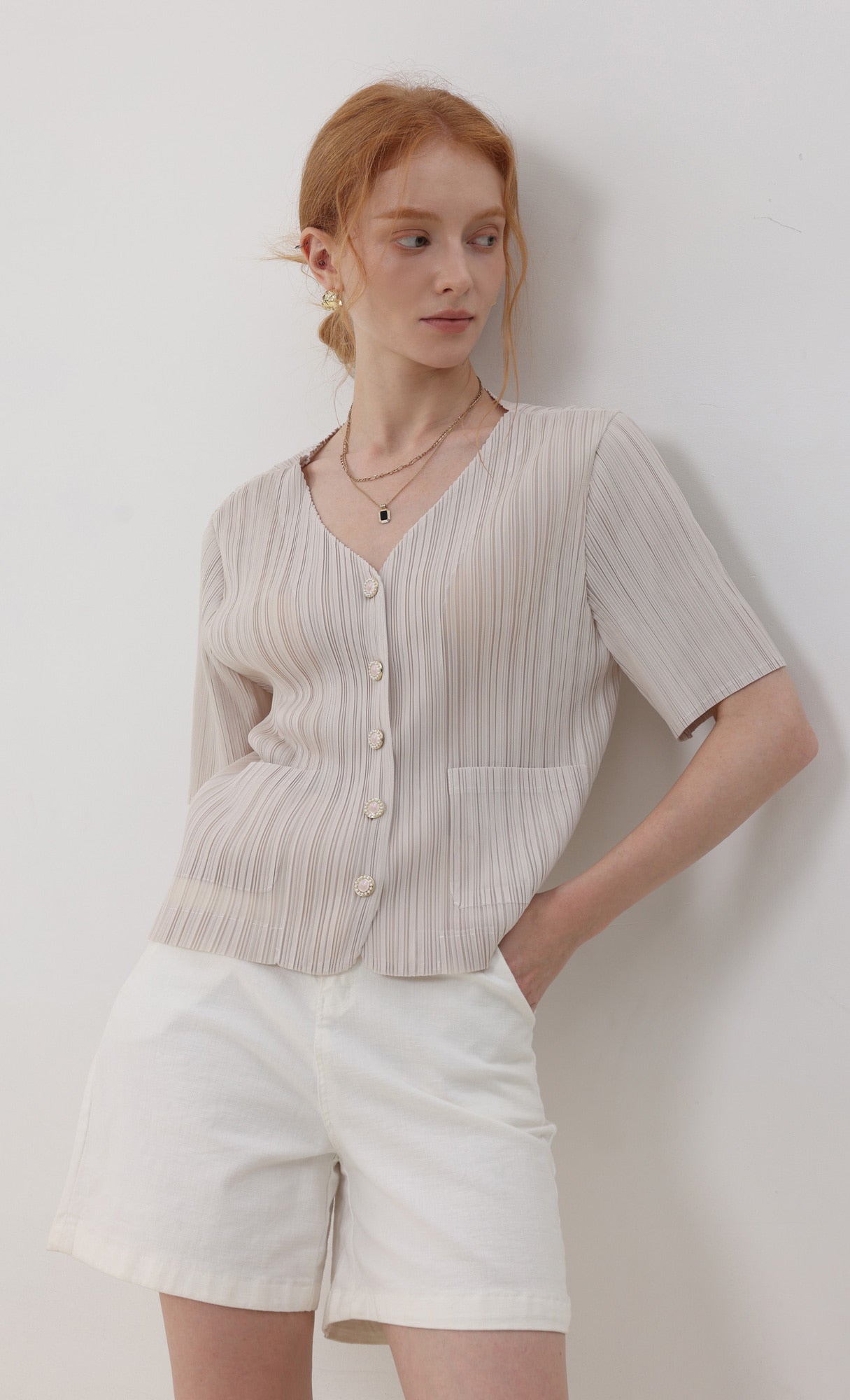 Pleatsmood Button Pleats Short-sleeve Top Lightbeige
