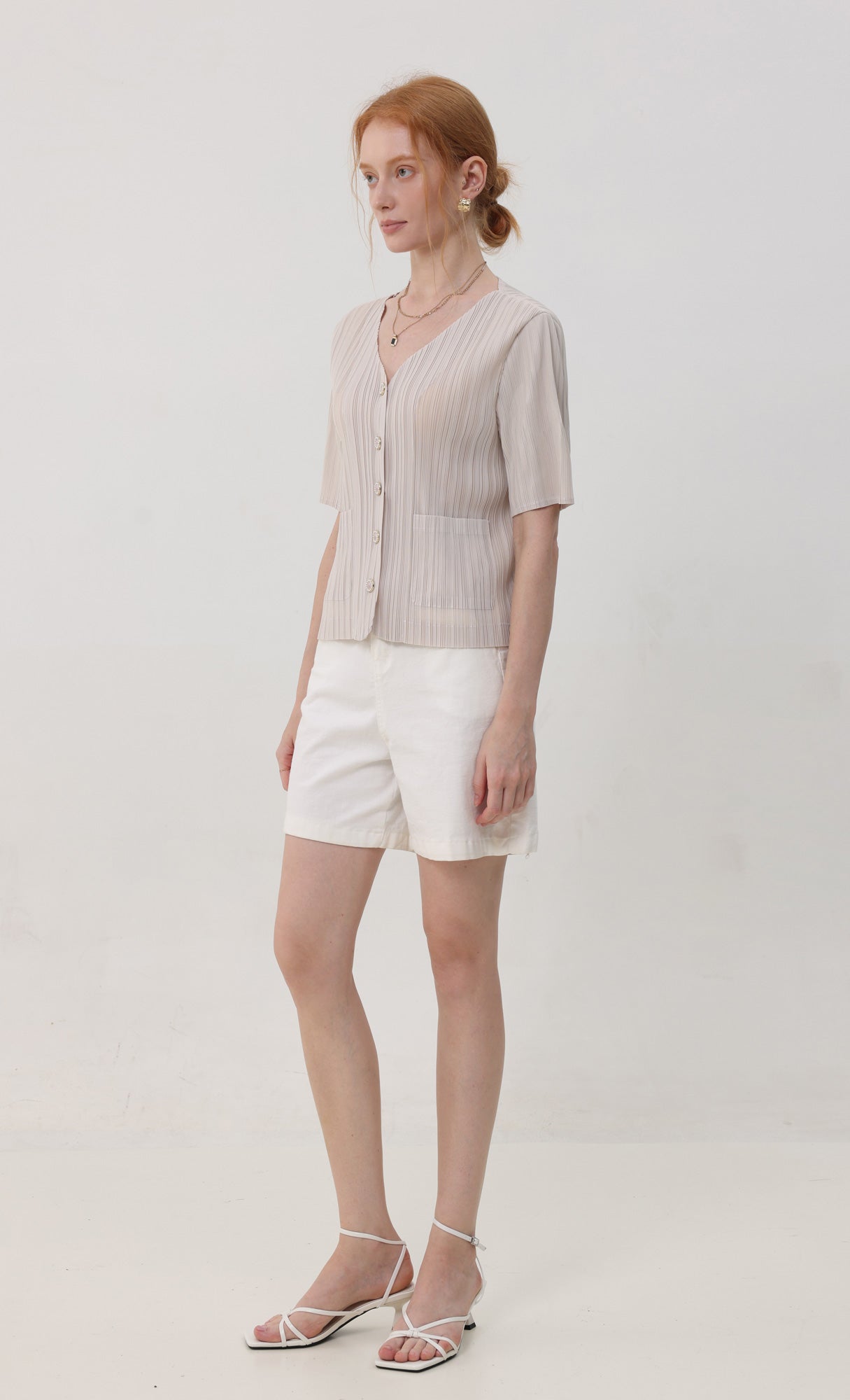 Pleatsmood Button Pleats Short-sleeve Top Lightbeige