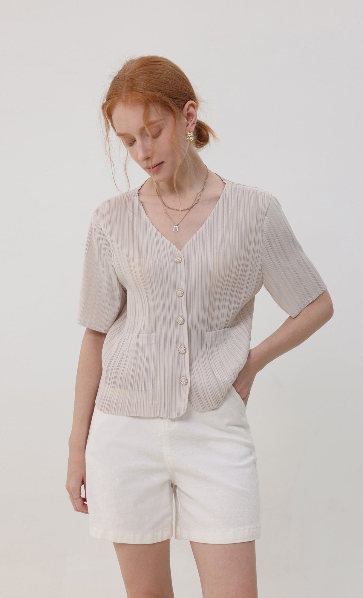 Pleatsmood Button Pleats Short-sleeve Top Lightbeige